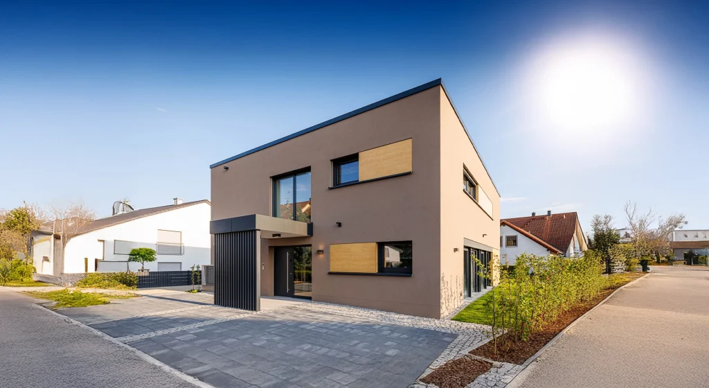 Modernes zweistöckiges Wohnhaus mit Flachdach.