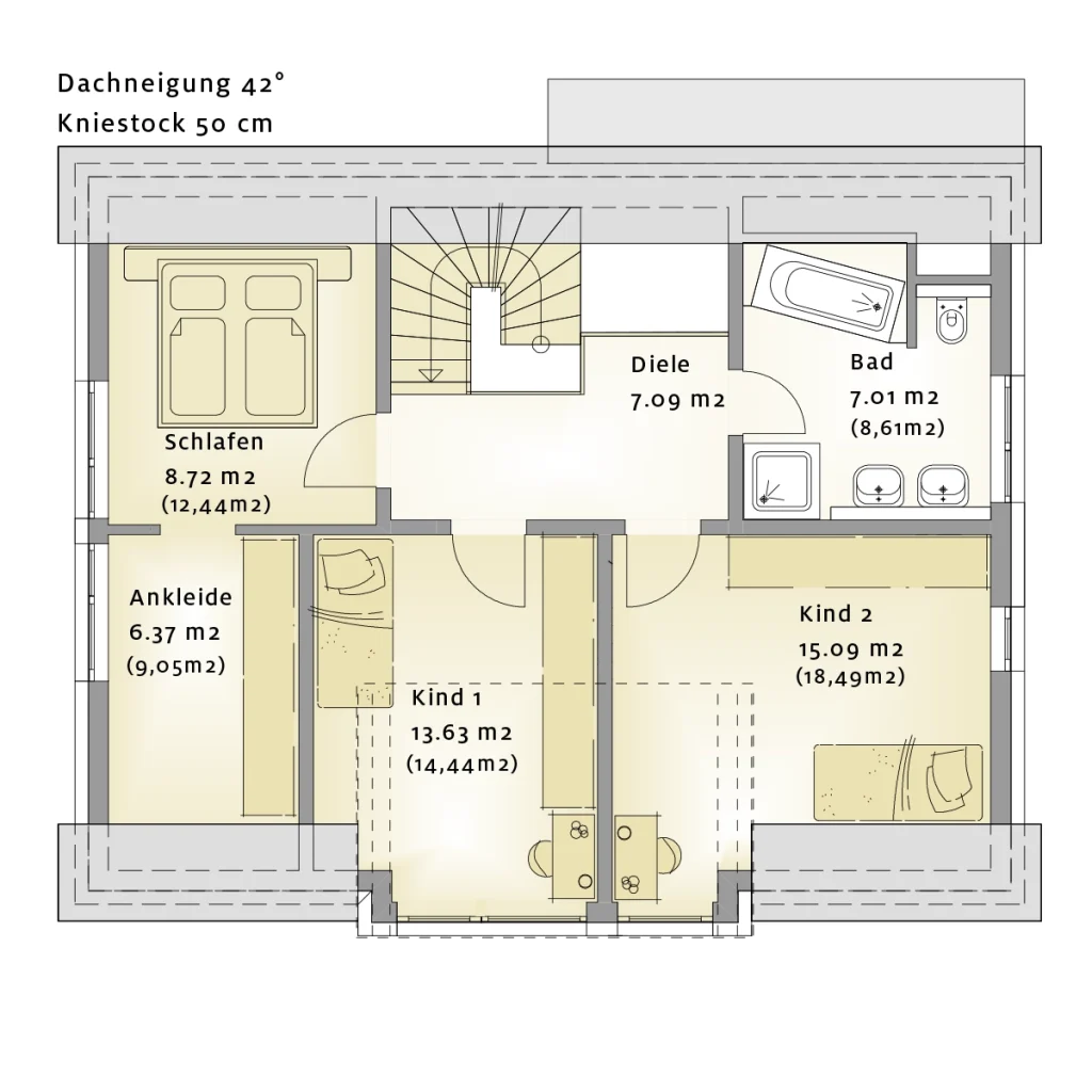 Grundriss eines Hauses mit Schlafräumen, Bad und Diele.