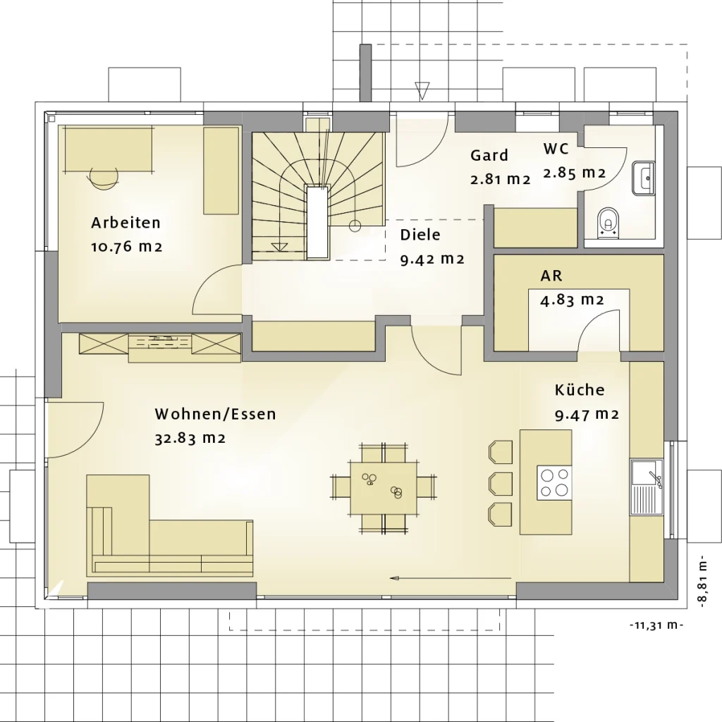 Grundriss Erdgeschoss mit Räumen und Maßen.