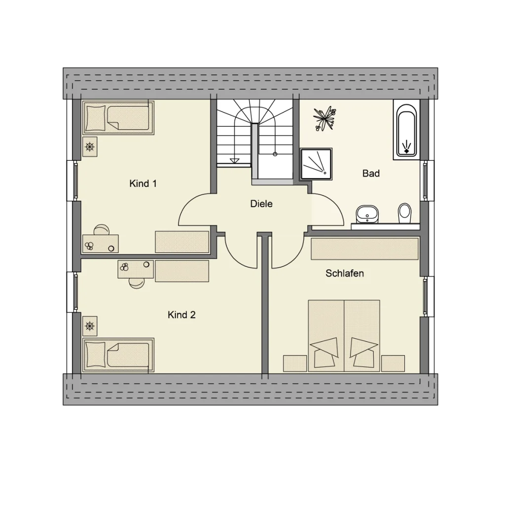 Grundriss eines Hauses mit Schlaf- und Kinderzimmern.