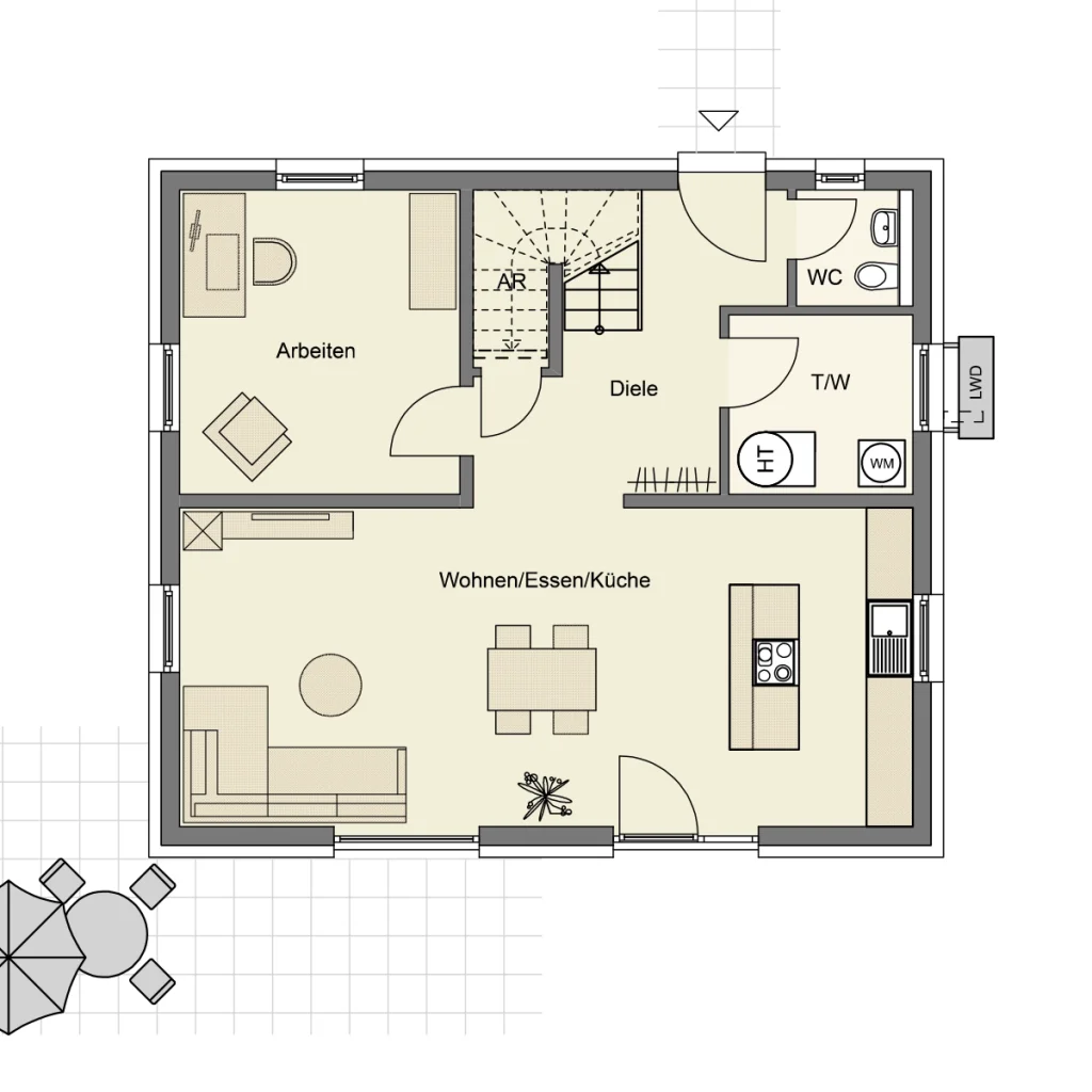Grundriss eines Wohnbereichs mit Küche, Arbeitszimmer und WC.