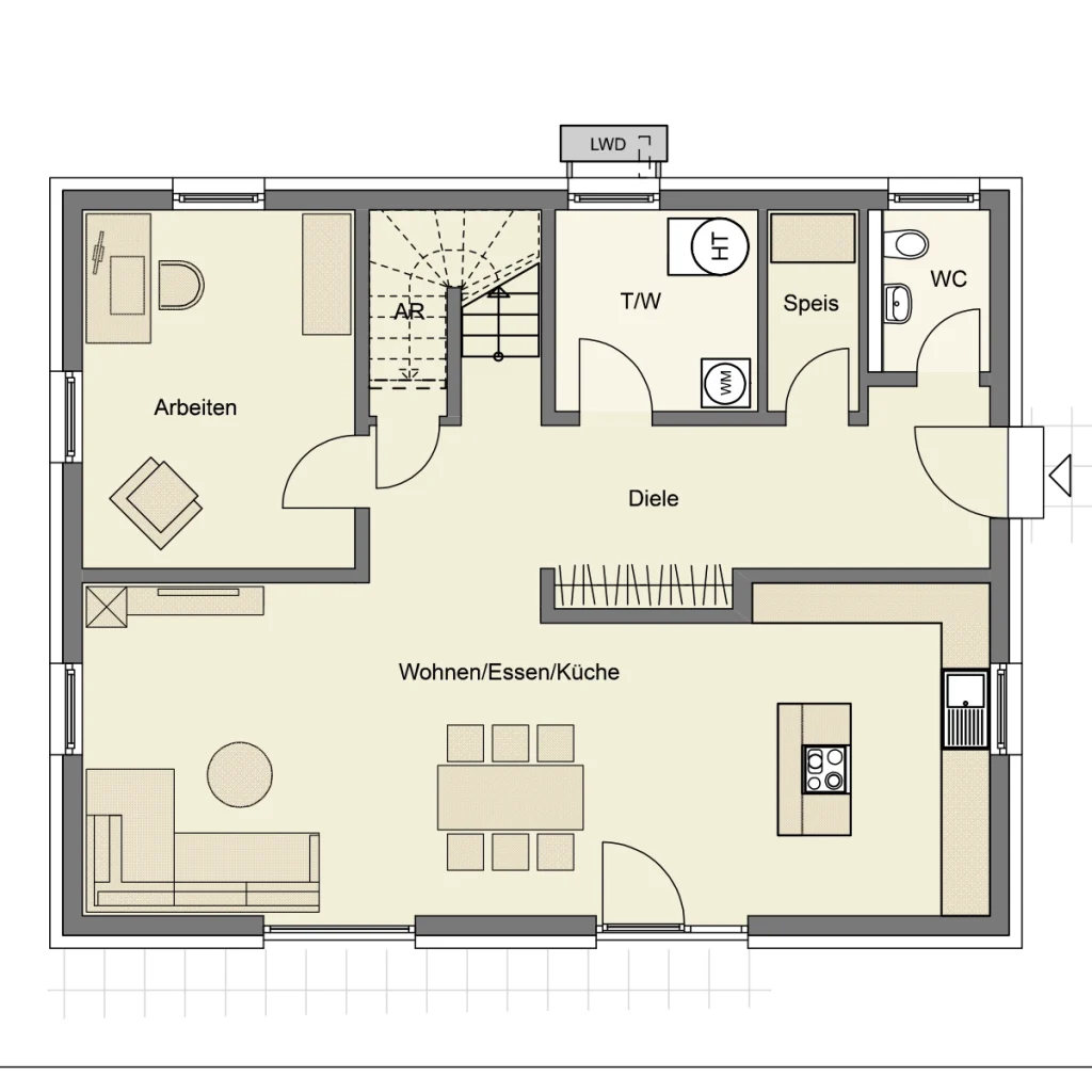 Grundriss eines Hauses mit mehreren Räumen.