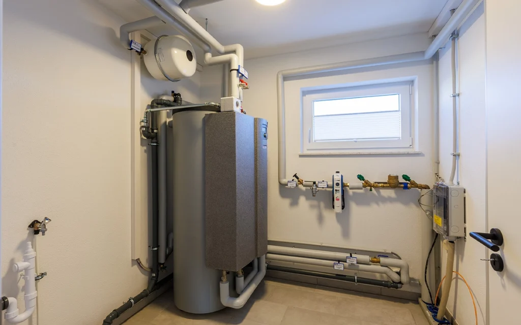 Heizungstechnik-Installation in einem Hauswirtschaftsraum.