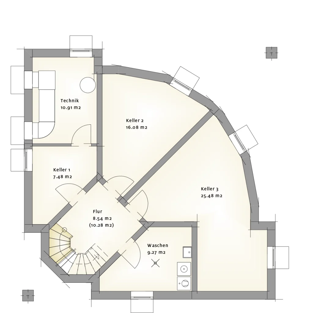 Grundriss eines Kellerraums mit mehreren Räumen und Bereichen.