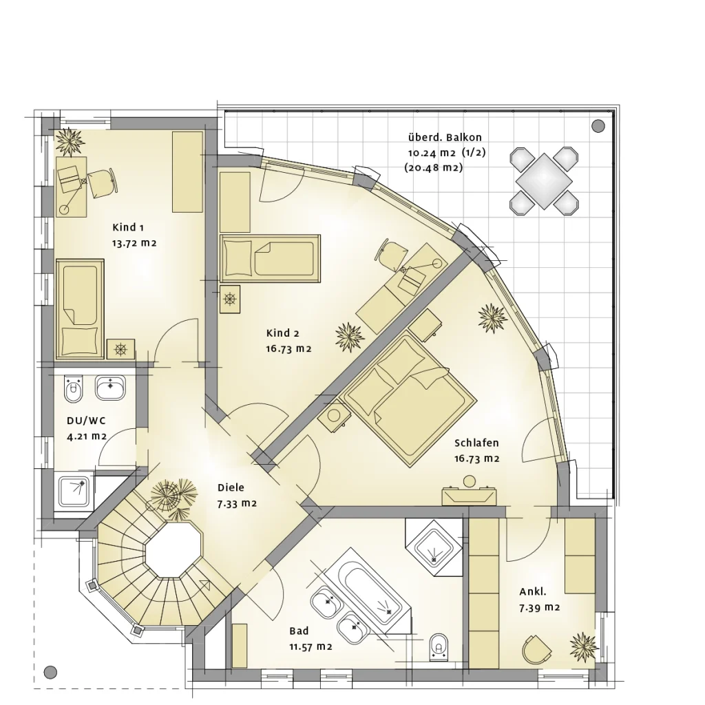 Grundriss einer Wohnung mit Schlafzimmer, Kinderzimmern und Balkon.