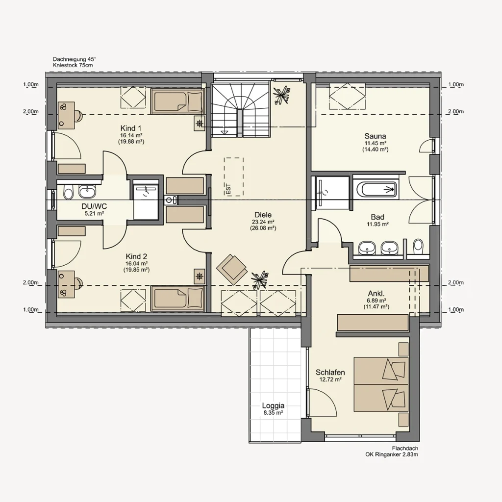 Grundriss einer Wohnung mit mehreren Zimmern.