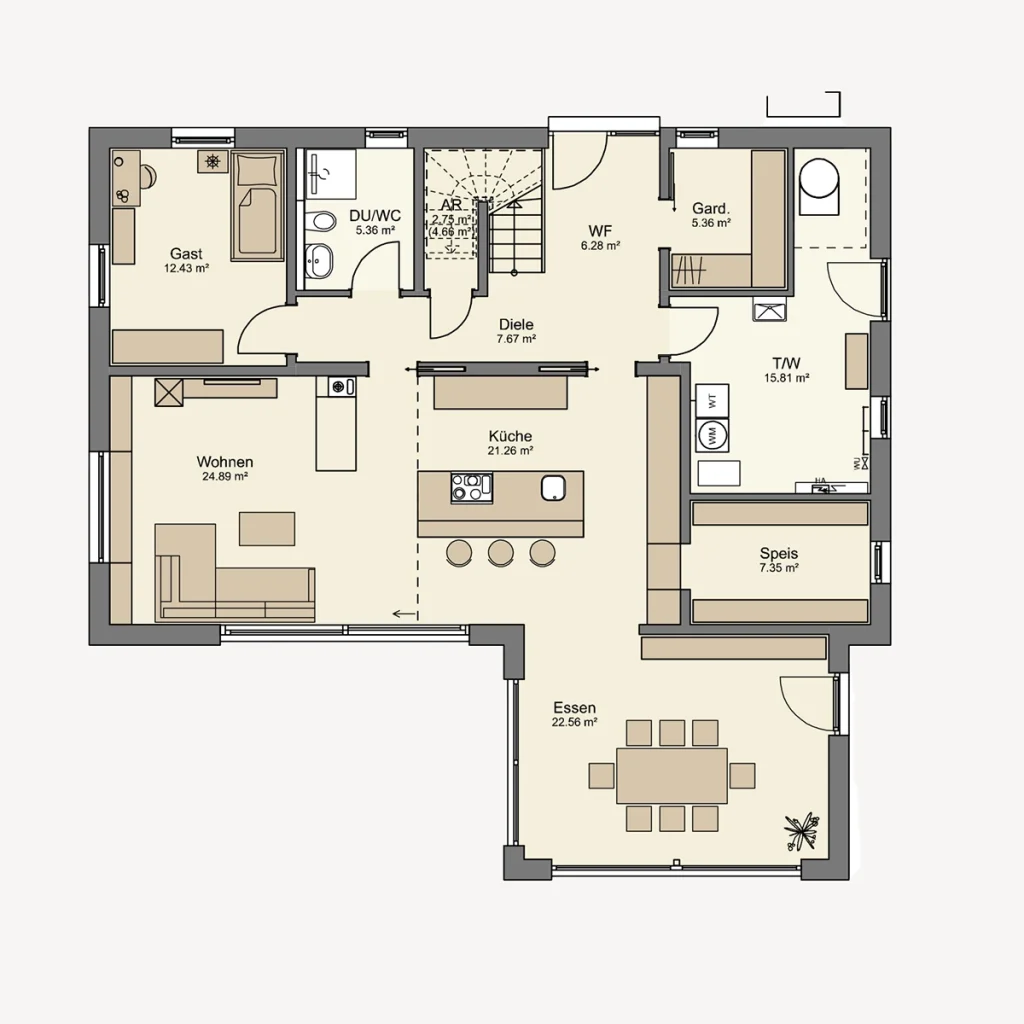 Grundriss eines Hauses mit Wohn- und Essbereich.