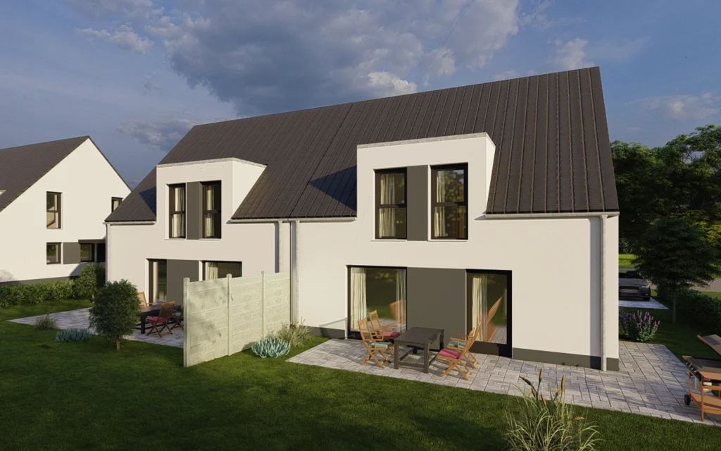 Modernes Doppelhaus mit Garten und Terrasse.