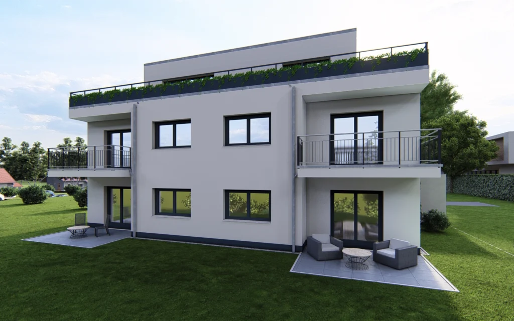 Zweistöckiges Wohngebäude mit Balkonen und Garten.