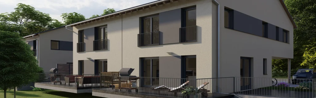 Modernes zweistöckiges Haus mit Terrasse.