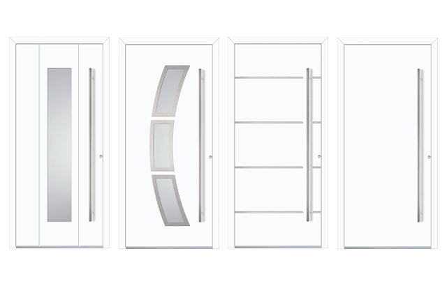 Vier moderne Haustüren in verschiedenen Designs.