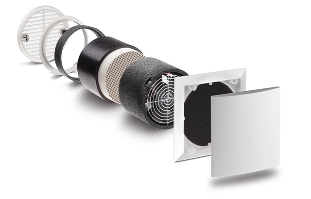 Explosionszeichnung eines Lüftungssystems.