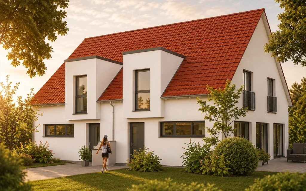 Modernes Einfamilienhaus mit markanten Dachgauben, weißer Fassade und rotem Ziegeldach. Der einladende Eingangsbereich wird von gepflegten Grünflächen, blühenden Sträuchern und hochwertiger Gartengestaltung umrahmt.