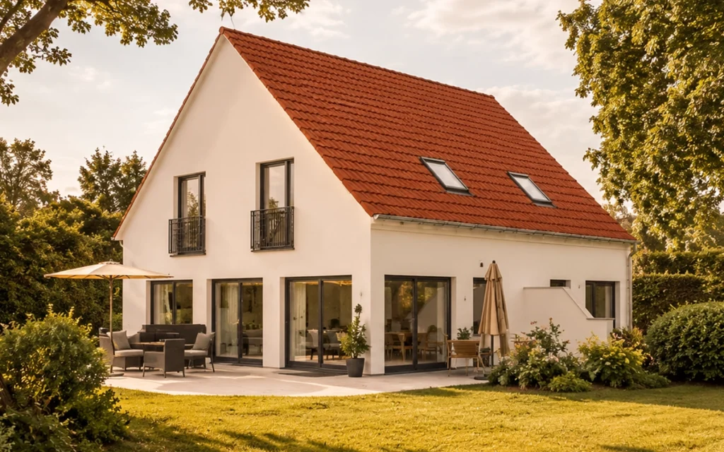 Helle Rückansicht eines klassischen Einfamilienhauses mit großzügiger Terrasse, bodentiefen Fenstern und weitläufigem Garten. Die warme Abendsonne unterstreicht die wohnliche und familienfreundliche Atmosphäre des Hauses.