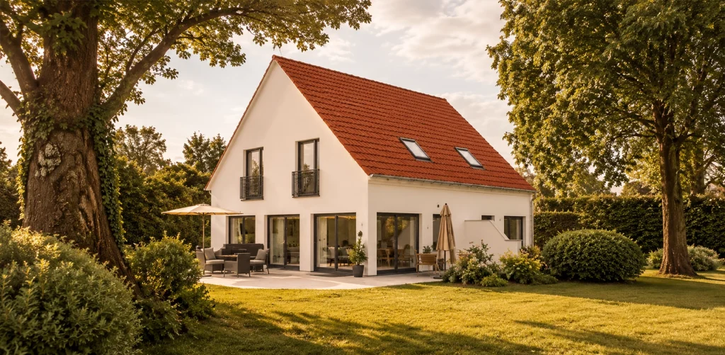 Freistehendes Einfamilienhaus mit weißer Fassade und rotem Satteldach inmitten eines großzügigen, gepflegten Gartens. Große Fensterflächen, sonnige Terrasse und alte Baumbestände schaffen eine ruhige, naturnahe Wohnatmosphäre.
