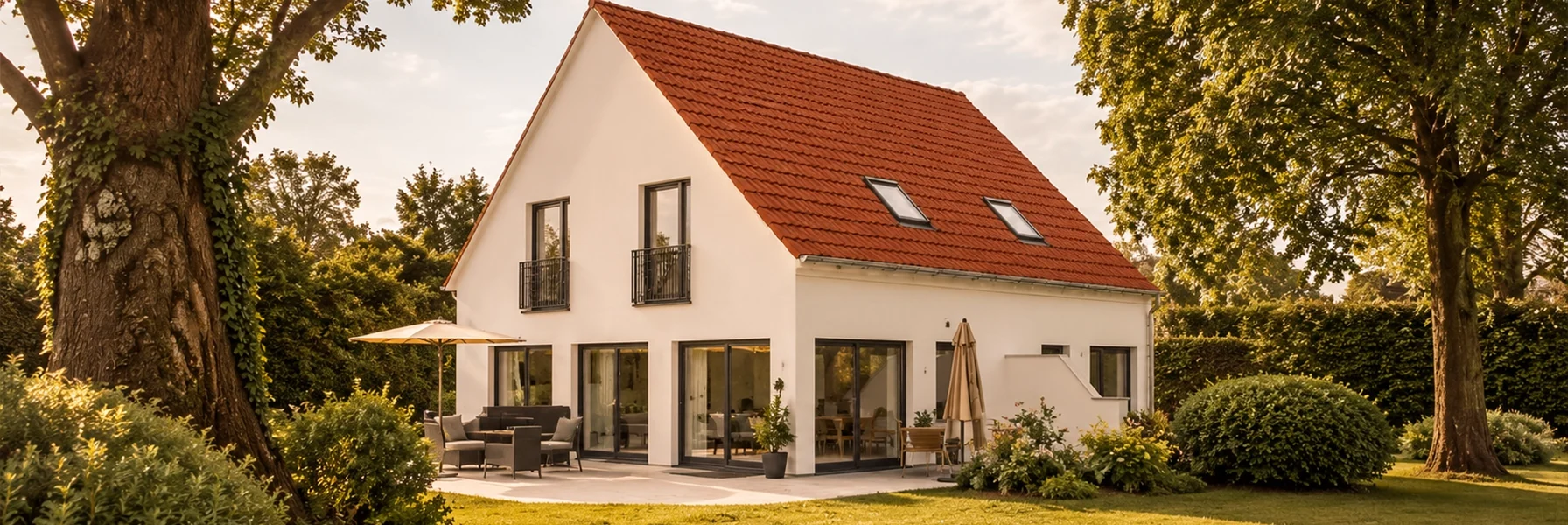 Freistehendes Einfamilienhaus mit weißer Fassade und rotem Satteldach inmitten eines großzügigen, gepflegten Gartens. Große Fensterflächen, sonnige Terrasse und alte Baumbestände schaffen eine ruhige, naturnahe Wohnatmosphäre.