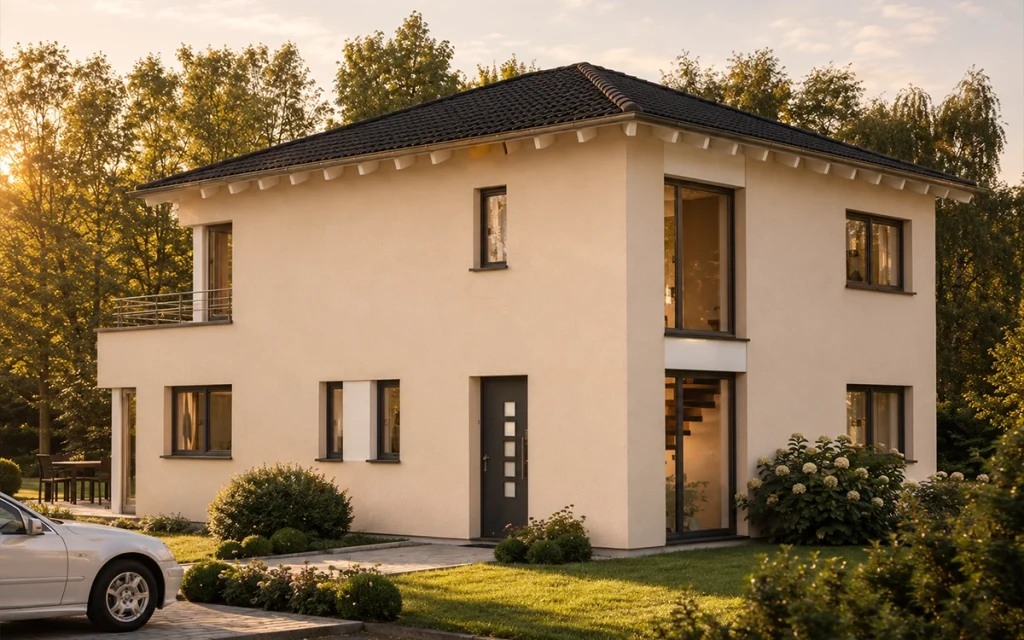 Zeitloses Einfamilienhaus mit heller Fassade und elegantem Walmdach. Der gepflegte Eingangsbereich mit großzügigen Fensterflächen und harmonischer Gartengestaltung vermittelt einen repräsentativen und einladenden Eindruck.