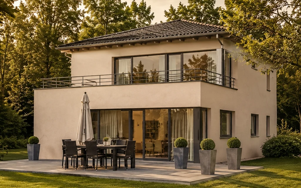 Hochwertiges Einfamilienhaus mit großzügiger Terrasse, bodentiefen Fenstern und umlaufender Dachterrasse. Die naturnahe Umgebung und das warme Abendlicht unterstreichen den exklusiven Wohncharakter der Immobilie.