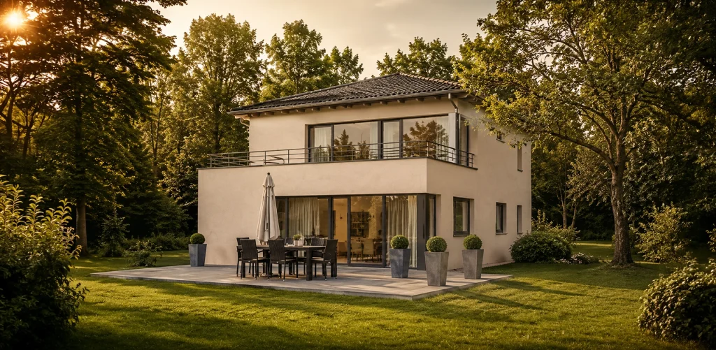 Modernes Einfamilienhaus mit Walmdach, großzügiger Dachterrasse und weitläufiger Sonnenterrasse. Eingebettet in einen gepflegten Garten mit altem Baumbestand bietet das Haus eine ruhige und hochwertige Wohnatmosphäre im Grünen.
