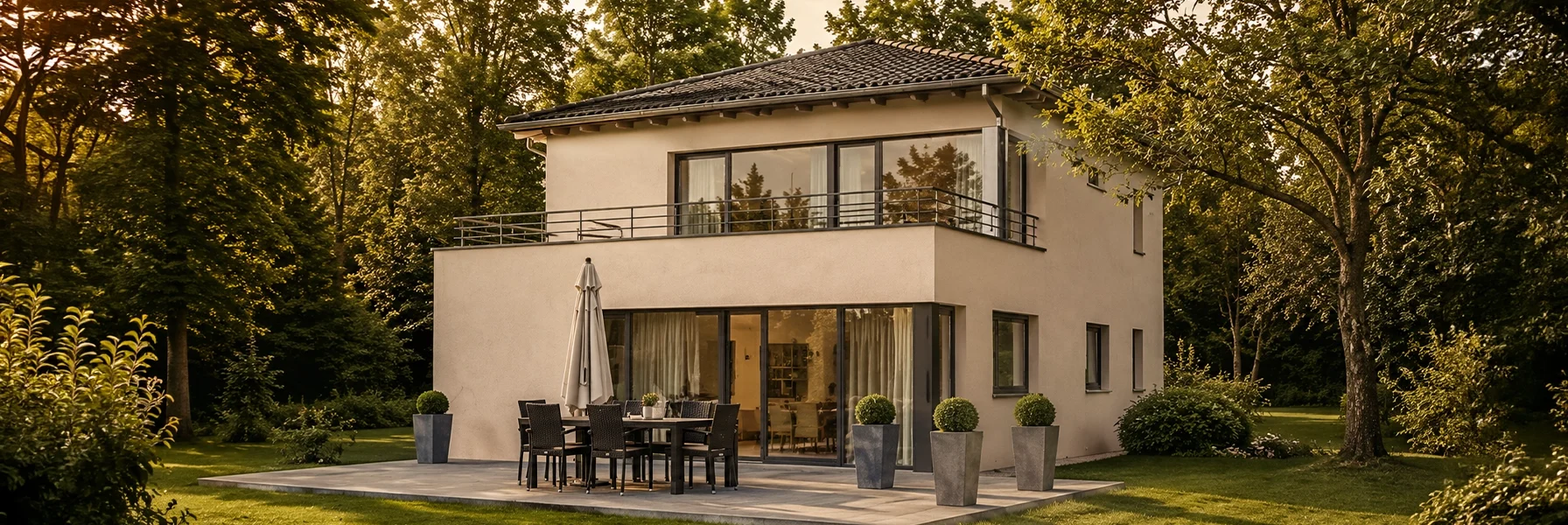 Modernes Einfamilienhaus mit Walmdach, großzügiger Dachterrasse und weitläufiger Sonnenterrasse. Eingebettet in einen gepflegten Garten mit altem Baumbestand bietet das Haus eine ruhige und hochwertige Wohnatmosphäre im Grünen.