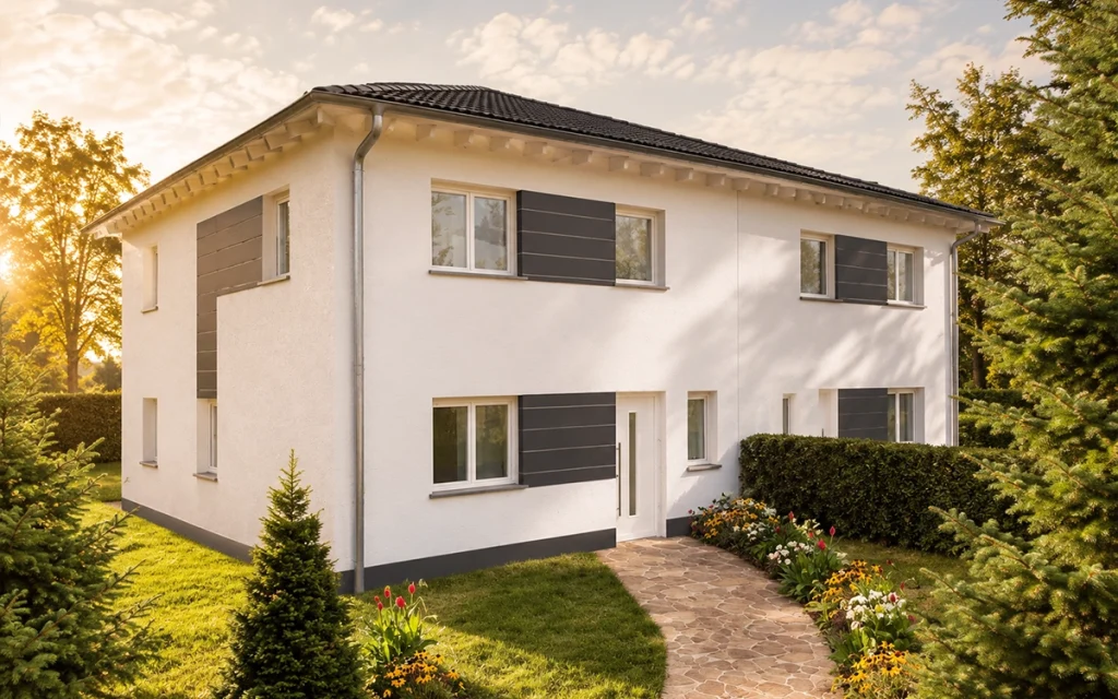 Hochwertiges Doppelhaus mit klarer Architektur, weißer Fassade und modernen Fassadenelementen. Gepflegter Eingangsbereich mit Natursteinweg, Blumenbeeten und großzügigen Grünflächen in ruhiger Wohnlage.