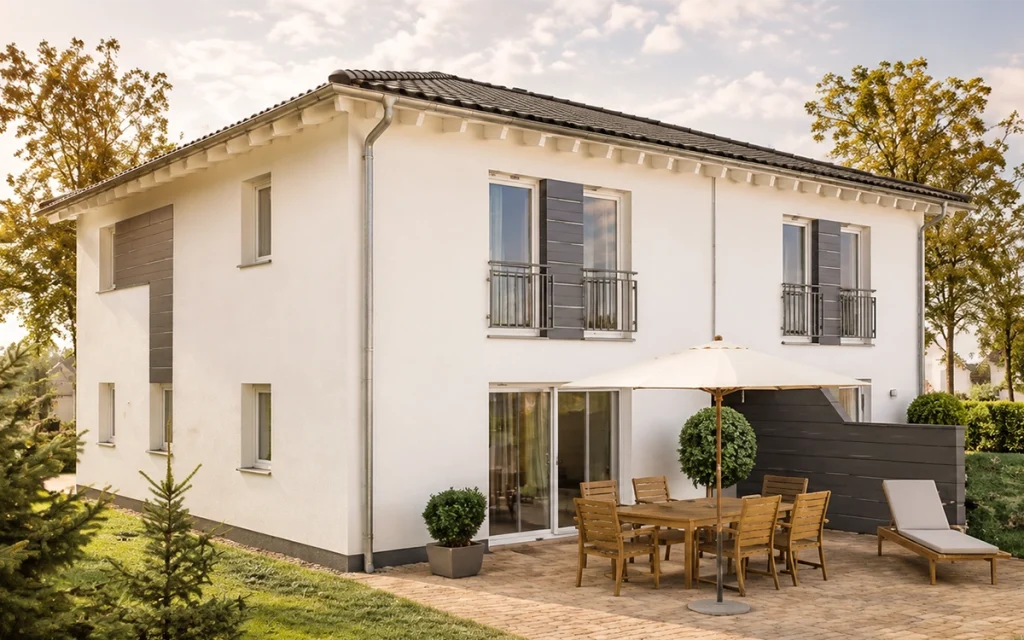 Fotorealistische Ansicht eines modernen Doppelhauses mit sonniger Terrasse, Essbereich im Freien und liebevoll angelegtem Garten. Die helle Architektur und das warme Licht vermitteln Wohnkomfort und eine hochwertige Lebensqualität.