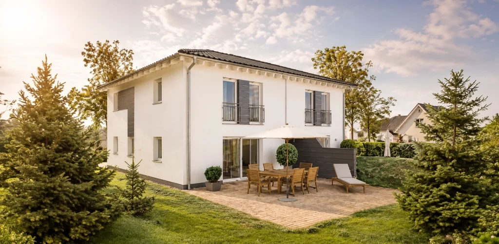Modernes Doppelhaus mit weißer Fassade und anthrazitfarbenen Akzenten. Großzügige Sonnenterrasse mit Holzmöbeln, Sonnenschirm und Liegefläche in einem gepflegten Garten. Warmes Tageslicht schafft eine freundliche und einladende Wohnatmosphäre.