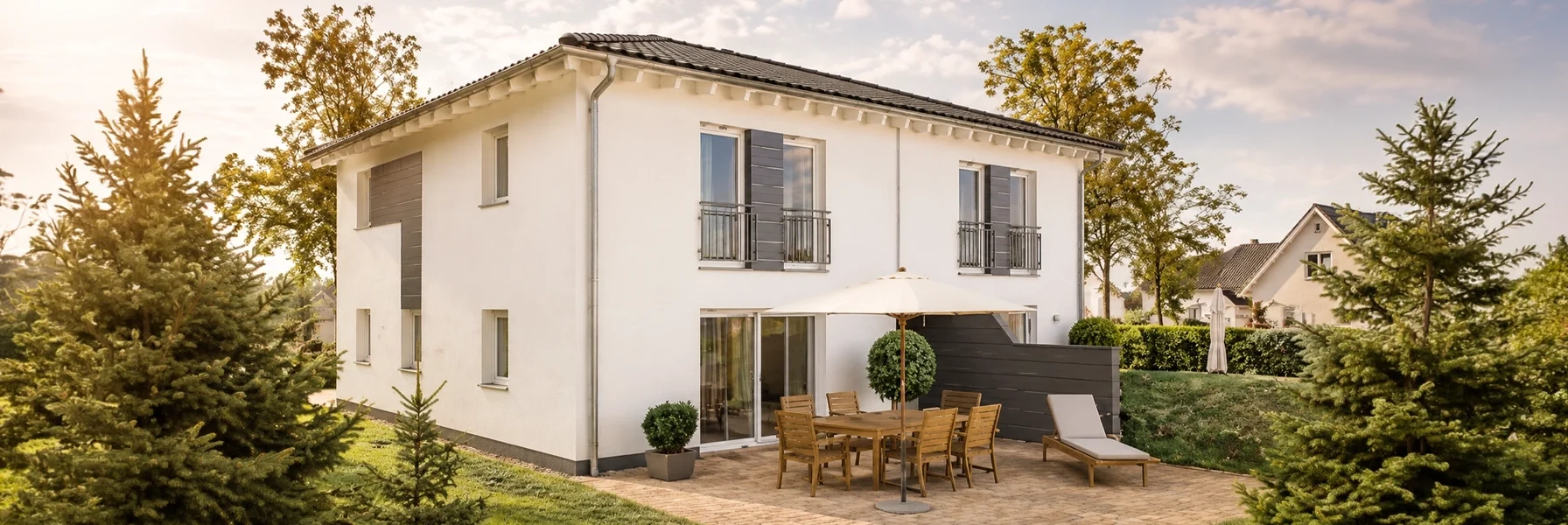 Modernes Doppelhaus mit weißer Fassade und anthrazitfarbenen Akzenten. Großzügige Sonnenterrasse mit Holzmöbeln, Sonnenschirm und Liegefläche in einem gepflegten Garten. Warmes Tageslicht schafft eine freundliche und einladende Wohnatmosphäre.