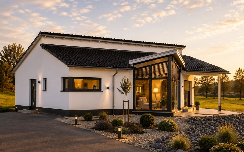 Moderner Winkelbungalow mit weißer Fassade, dunklem Walmdach und großzügigem, verglastem Wohnbereich. Die hochwertige Architektur wird durch eine gepflegte Außenanlage mit Natursteinbeeten, dezenter Beleuchtung und weitläufiger Landschaft in der Abendsonne stilvoll in Szene gesetzt.