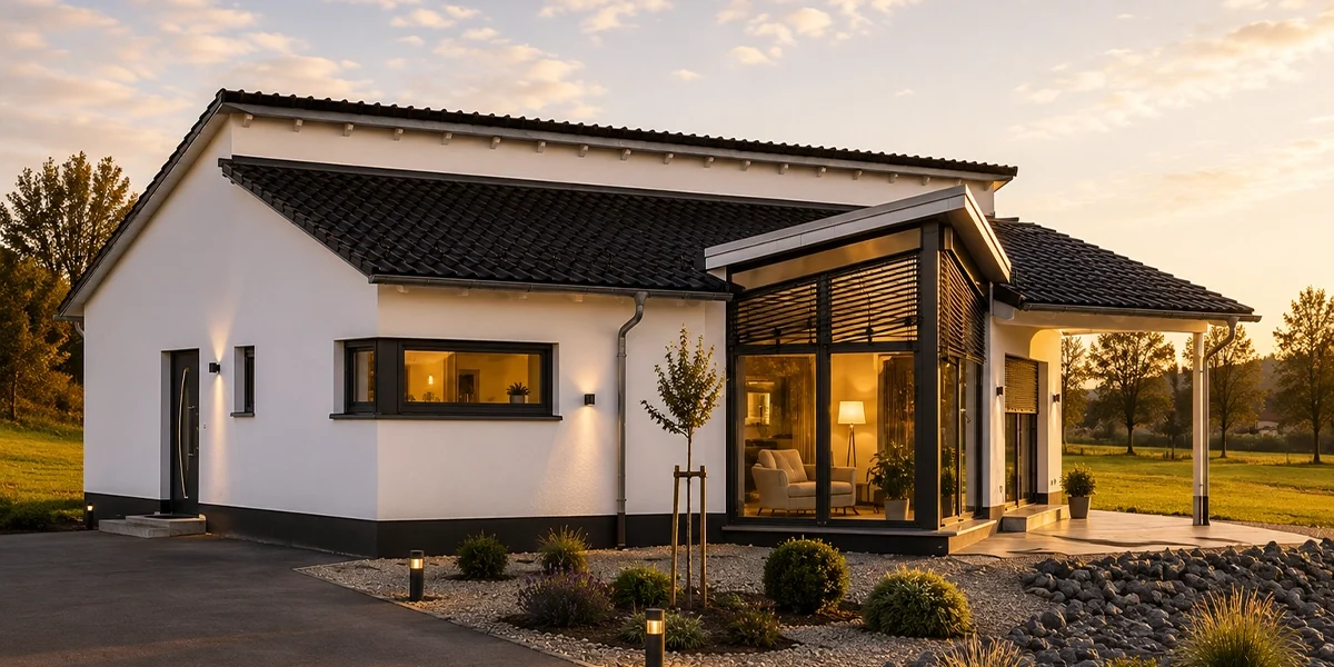 Moderner Winkelbungalow mit weißer Fassade, dunklem Walmdach und großzügigem, verglastem Wohnbereich. Die hochwertige Architektur wird durch eine gepflegte Außenanlage mit Natursteinbeeten, dezenter Beleuchtung und weitläufiger Landschaft in der Abendsonne stilvoll in Szene gesetzt.