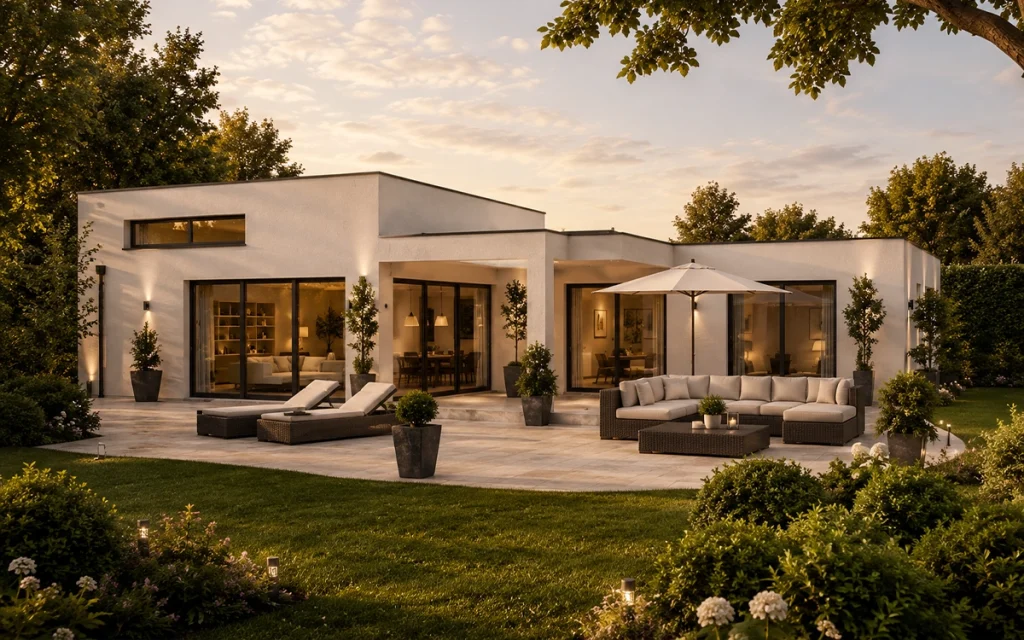 Zeitgemäßer Bungalow mit weitläufiger Terrasse, eleganten Sitz- und Liegebereichen sowie großflächigen Verglasungen. Warme Beleuchtung und gepflegte Grünflächen unterstreichen den hochwertigen Charakter der Immobilie.