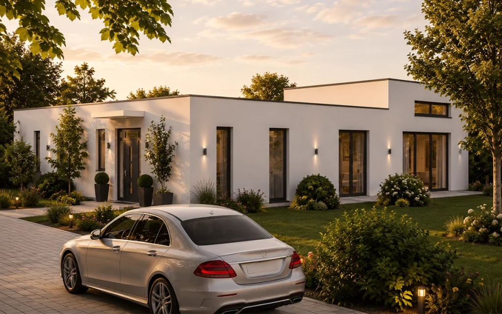 Moderner Flachdachbungalow mit heller Fassade, klarer Formensprache und repräsentativem Eingangsbereich. Die harmonische Gartengestaltung, dezente Außenbeleuchtung und die großzügige Zufahrt vermitteln Exklusivität und Wohnkomfort.