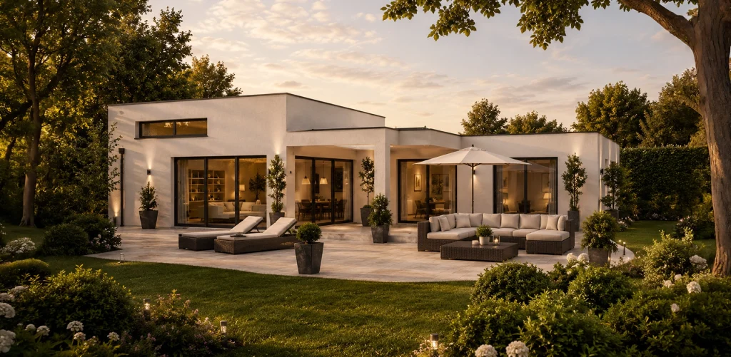 Moderner Winkelbungalow mit klarer Flachdacharchitektur, großzügiger Sonnenterrasse und bodentiefen Fensterflächen. Die stilvolle Outdoor-Lounge und die hochwertige Gartenanlage schaffen eine exklusive Wohnatmosphäre in naturnaher Umgebung.