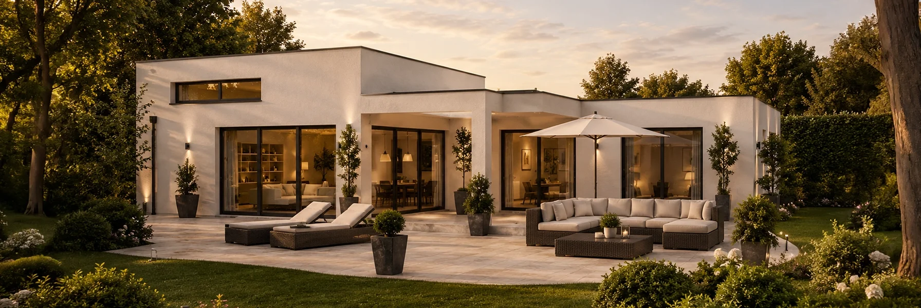 Moderner Winkelbungalow mit klarer Flachdacharchitektur, großzügiger Sonnenterrasse und bodentiefen Fensterflächen. Die stilvolle Outdoor-Lounge und die hochwertige Gartenanlage schaffen eine exklusive Wohnatmosphäre in naturnaher Umgebung.