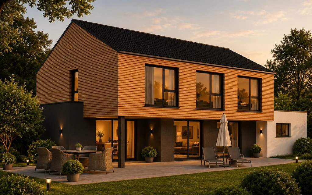 Zeitgemäßes Einfamilienhaus mit natürlicher Holzverkleidung, großflächigen Fensterfronten und weitläufiger Sonnenterrasse. Die stilvolle Außenmöblierung und die harmonische Gartenlandschaft unterstreichen den exklusiven Wohncharakter der Immobilie.