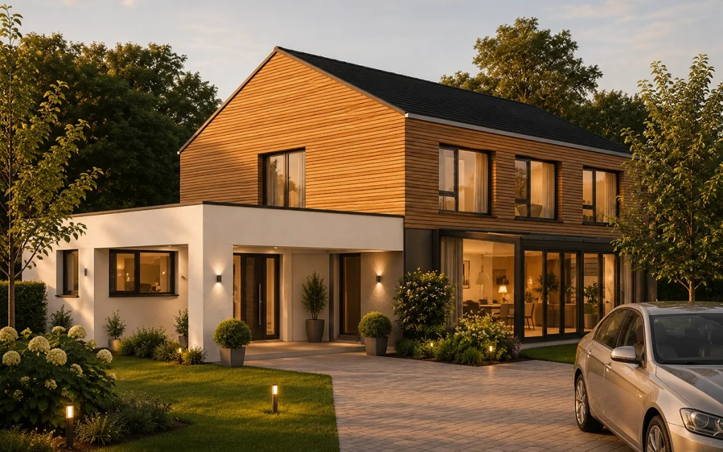 Hochwertiges Wohnhaus mit modernem Materialmix aus Holz, Putz und dunklen Akzenten. Die großzügigen Glasflächen, die repräsentative Zufahrt und die stimmungsvolle Beleuchtung verleihen dem Haus eine elegante und moderne Ausstrahlung.