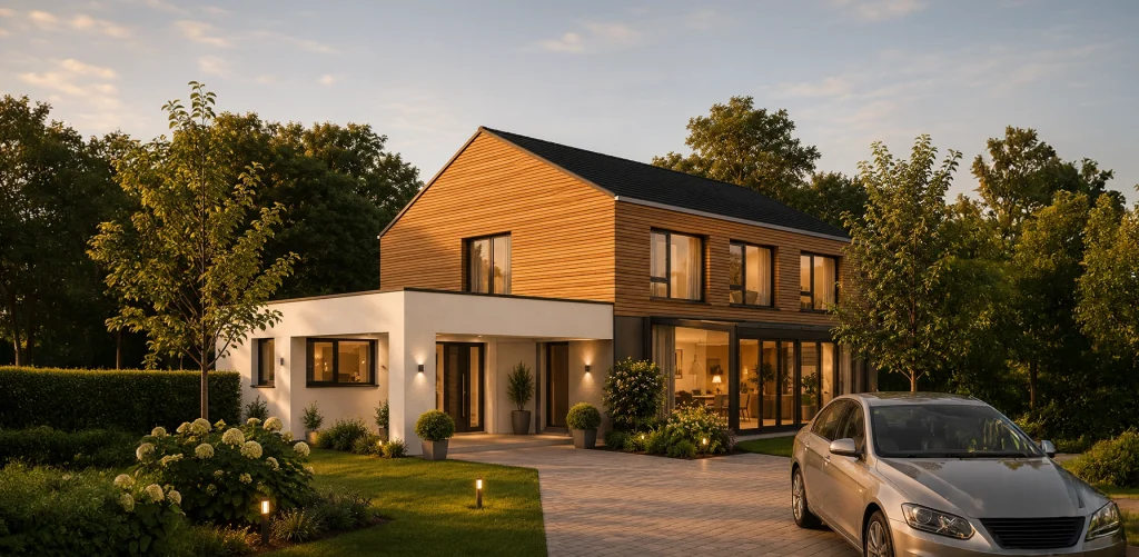 Modernes Einfamilienhaus mit hochwertiger Holzfassade im Obergeschoss, klaren architektonischen Linien und großzügigem Eingangsbereich. Die gepflegte Gartenanlage, dezente Außenbeleuchtung und die großzügige Zufahrt schaffen eine elegante und einladende Atmosphäre.