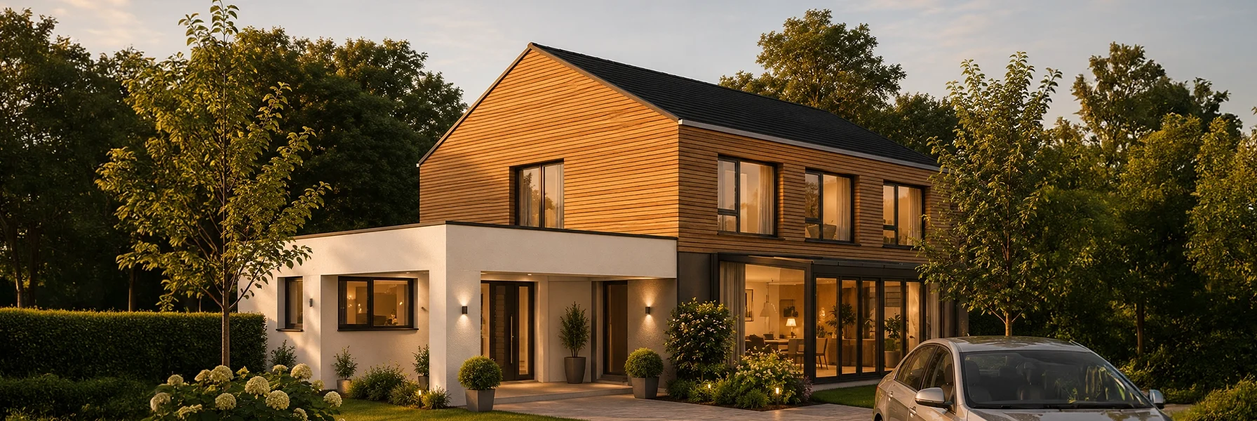 Modernes Einfamilienhaus mit hochwertiger Holzfassade im Obergeschoss, klaren architektonischen Linien und großzügigem Eingangsbereich. Die gepflegte Gartenanlage, dezente Außenbeleuchtung und die großzügige Zufahrt schaffen eine elegante und einladende Atmosphäre.