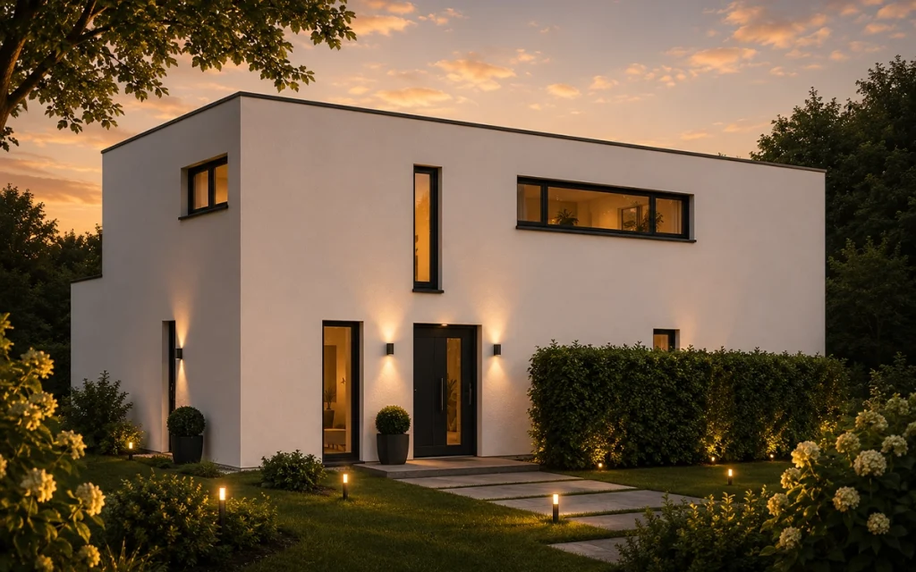 Zeitgemäßes Einfamilienhaus mit minimalistischer Formensprache, heller Fassade und elegantem Eingangsbereich. Dezente Lichtakzente, gepflegte Grünflächen und moderne Architektur vermitteln Wertigkeit und zeitlosen Wohnkomfort.