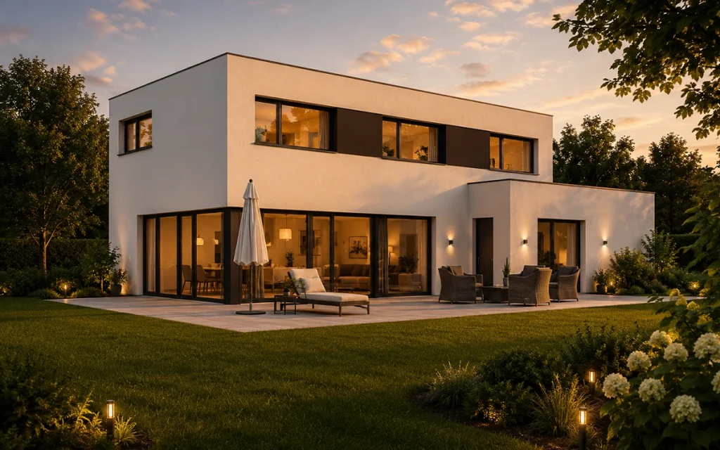 Hochwertiges Flachdachhaus mit großzügiger Sonnenterrasse, bodentiefen Verglasungen und offenem Wohnkonzept. Die stimmungsvolle Abendbeleuchtung und die gepflegte Gartenanlage unterstreichen den modernen und exklusiven Charakter der Immobilie.