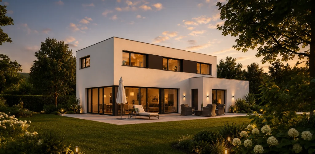 Modernes Kubushaus mit klarer Flachdacharchitektur, großzügigen Fensterflächen und weitläufiger Terrasse. Die stilvolle Außenbeleuchtung und die harmonisch angelegte Gartenlandschaft schaffen eine exklusive und ruhige Wohnatmosphäre.