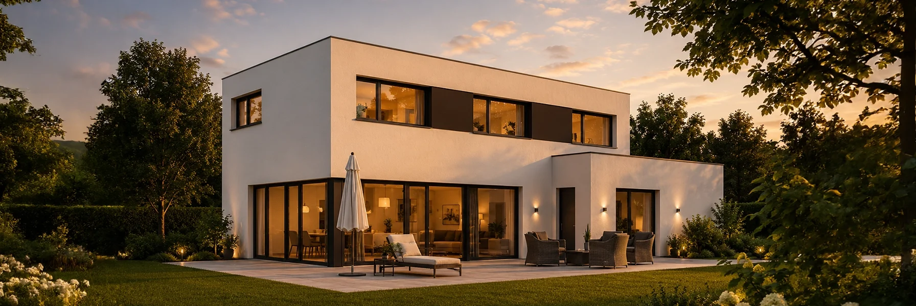 Modernes Kubushaus mit klarer Flachdacharchitektur, großzügigen Fensterflächen und weitläufiger Terrasse. Die stilvolle Außenbeleuchtung und die harmonisch angelegte Gartenlandschaft schaffen eine exklusive und ruhige Wohnatmosphäre.
