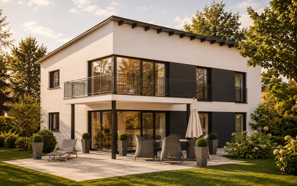 Zeitgemäßes Einfamilienhaus mit großflächigen Fenstern, umlaufendem Balkon und eleganter Terrassengestaltung. Die harmonische Gartenanlage und das warme Sonnenlicht unterstreichen den exklusiven Charakter des Hauses.