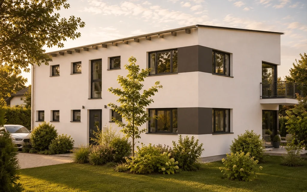 Hochwertiges Einfamilienhaus in moderner Architektur mit weißer Fassade und anthrazitfarbenen Akzenten. Der gepflegte Vorgarten, großzügige Grünflächen und die klare Formensprache schaffen einen repräsentativen und einladenden Eindruck.
