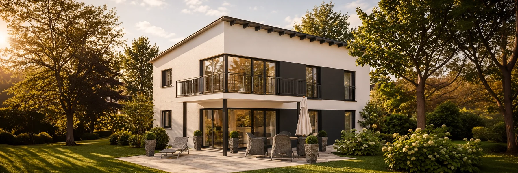 Modernes Einfamilienhaus mit klarer Kubusarchitektur, großzügigem Balkon und weitläufiger Sonnenterrasse. Umgeben von gepflegten Grünflächen und altem Baumbestand vermittelt die Immobilie eine hochwertige und naturnahe Wohnatmosphäre.