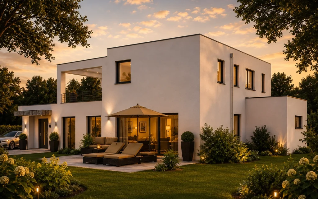 Modernes Einfamilienhaus mit klarer Formensprache, großzügiger Sonnenterrasse und hochwertiger Outdoor-Lounge. Die harmonische Verbindung von Architektur, Beleuchtung und Garten schafft eine luxuriöse und einladende Wohnatmosphäre.