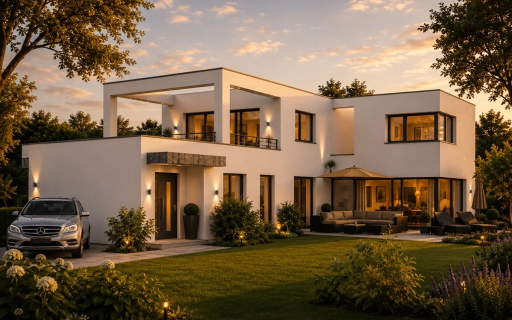 Zeitgemäßes Flachdachhaus mit repräsentativem Eingangsbereich, überdachter Dachterrasse und großzügigen Glasflächen. Die gepflegte Außenanlage, dezente Lichtakzente und die elegante Zufahrt unterstreichen den exklusiven Charakter der Immobilie.