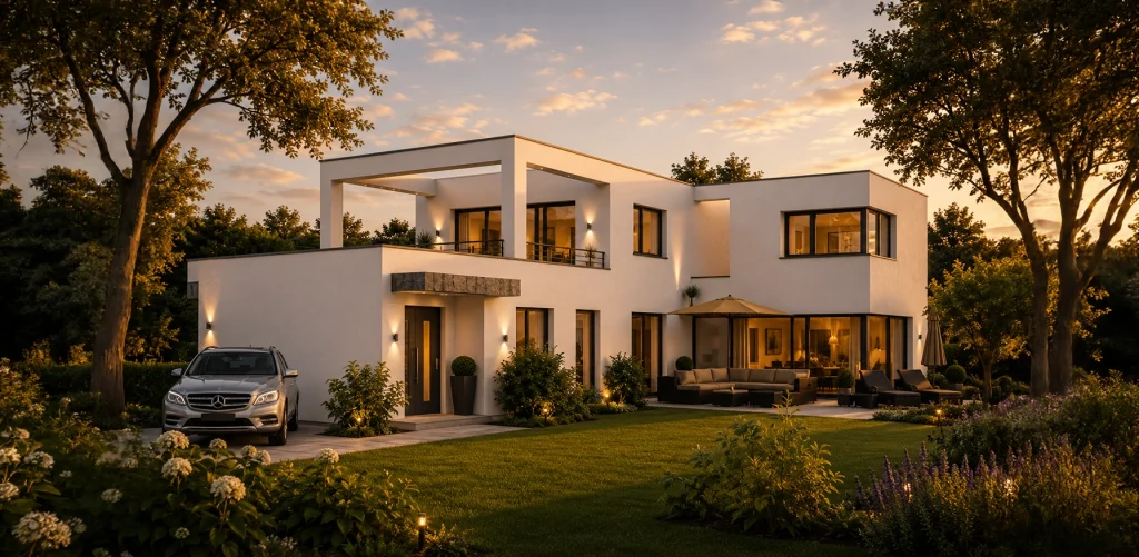 Exklusives Kubushaus mit moderner Flachdacharchitektur, großzügigen Fensterflächen und überdachter Dachterrasse. Die stilvolle Außenbeleuchtung, hochwertige Gartengestaltung und die weitläufige Grünfläche verleihen der Immobilie eine elegante Premium-Ausstrahlung.