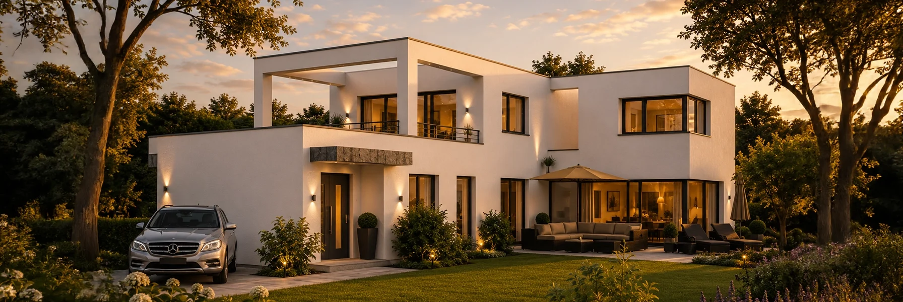Exklusives Kubushaus mit moderner Flachdacharchitektur, großzügigen Fensterflächen und überdachter Dachterrasse. Die stilvolle Außenbeleuchtung, hochwertige Gartengestaltung und die weitläufige Grünfläche verleihen der Immobilie eine elegante Premium-Ausstrahlung.