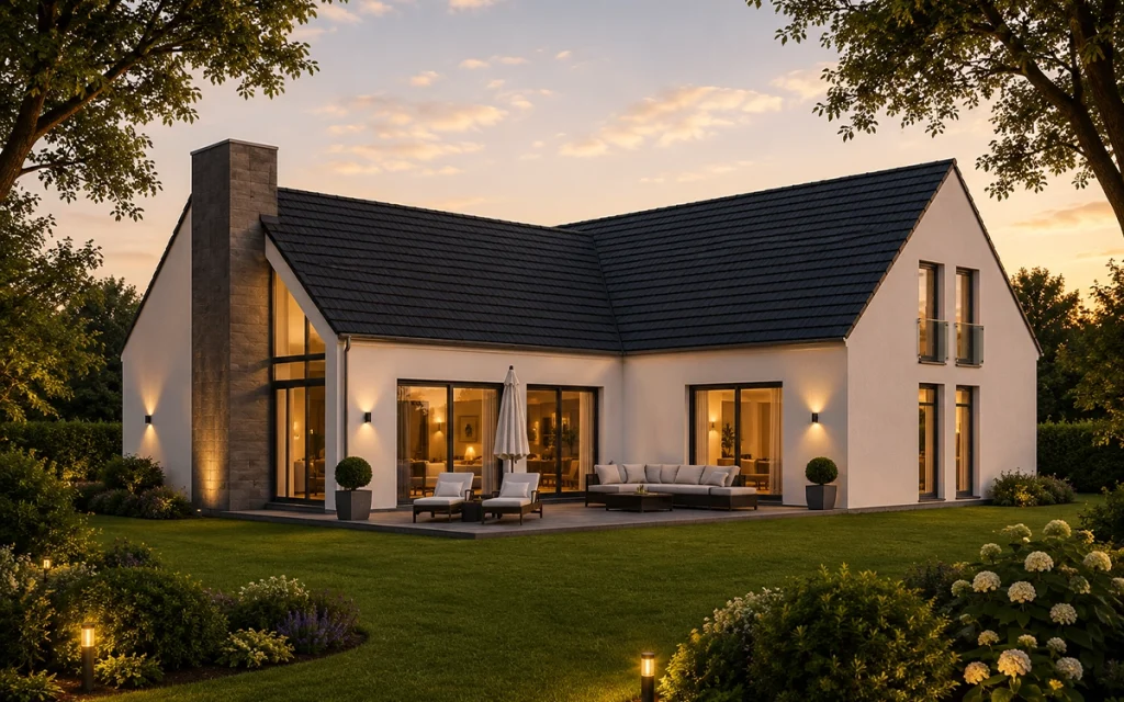 Zeitloses Einfamilienhaus mit großflächiger Verglasung, offenem Wohnkonzept und stilvoll gestalteter Terrasse. Warme Lichtakzente und die gepflegte Gartenanlage unterstreichen den hochwertigen Charakter der Immobilie.